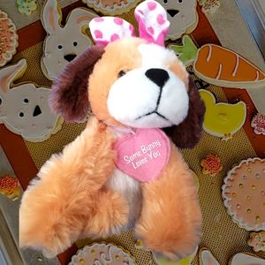 Plush Puppy Dog w/Rabbit Ears & Bunny Hugs Heart Tag by Sound N Light 7" Tall
